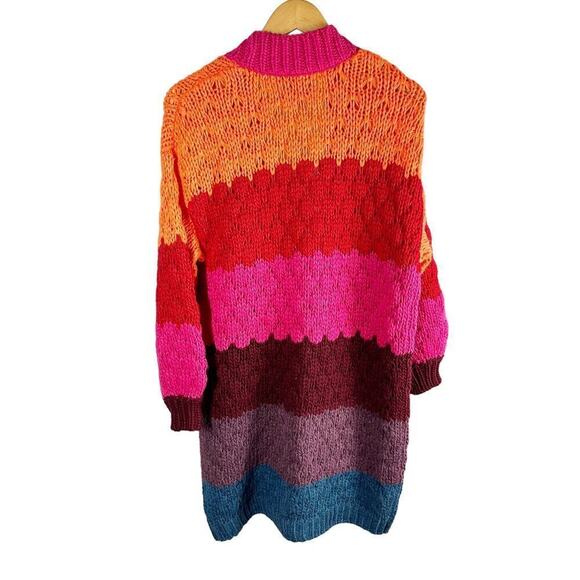 FARM RIO Striped Oversized Cardigan Multicolor Knit Puff Sleeve size XS Crochet - Picture 2 of 13